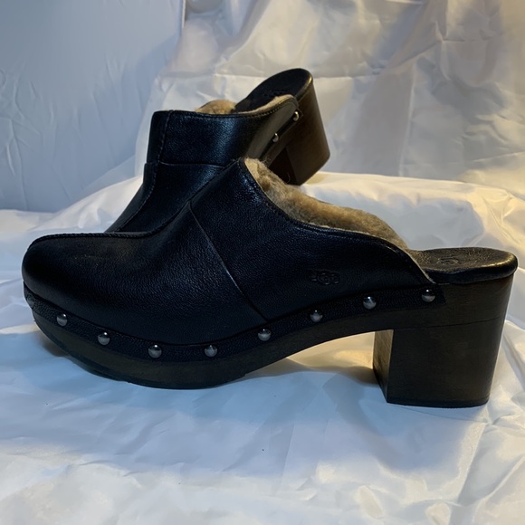 UGG black leather fur lined clogs size 9. NWOT - Picture 2 of 9